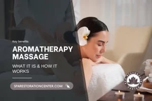 An advertisement for "Aromatherapy Massage: What it is & How it Works" from Spa Restoration Center. The text is overlaid on an image of a woman with dark hair and a white flower tucked behind her ear, receiving a massage. The Spa Restoration Center logo and website address are visible. Candles and a blurred massage therapist's hands are also visible, creating a relaxing spa atmosphere.
