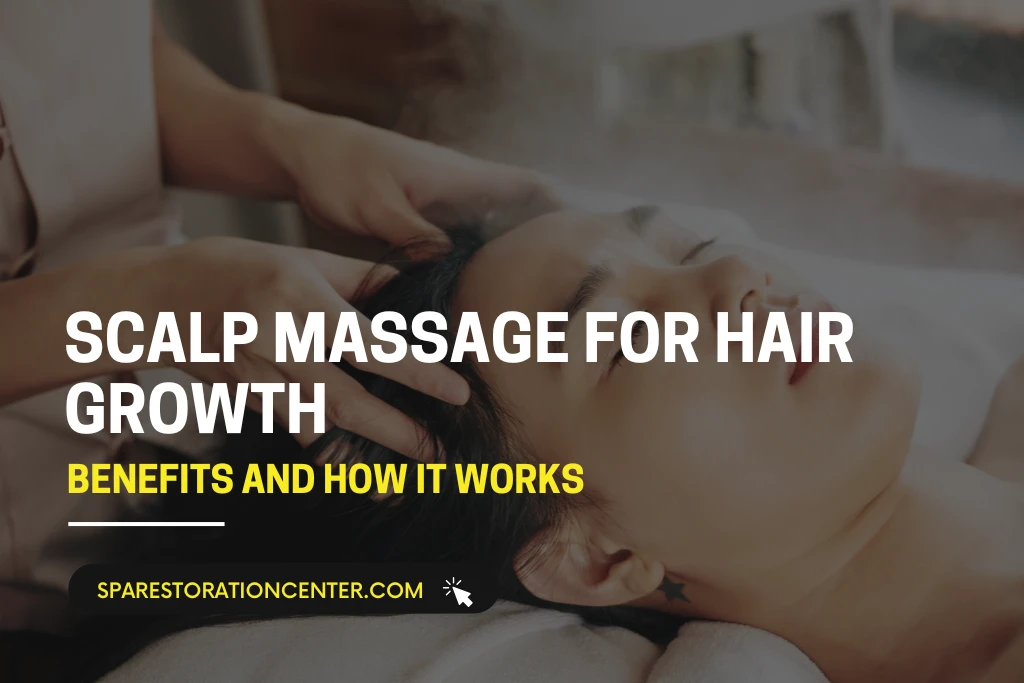 A person receiving a relaxing scalp massage with text overlay: "Scalp Massage for Hair Growth: Benefits and How it Works.