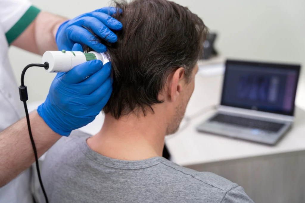 A specialist in blue gloves uses a digital trichoscope to examine a man's scalp, with the live microscopic analysis results displayed on a laptop screen in the background.