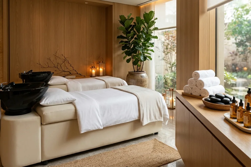 A high-end spa room with two modern white treatment beds featuring black hair wash basins, warm wood paneling, and large windows overlooking a green garden.