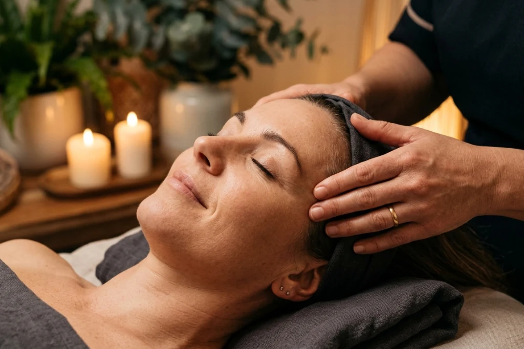 A close-up, photorealistic image of a woman with her eyes closed receiving a therapeutic scalp massage from a professional therapist in a candlelit spa setting.