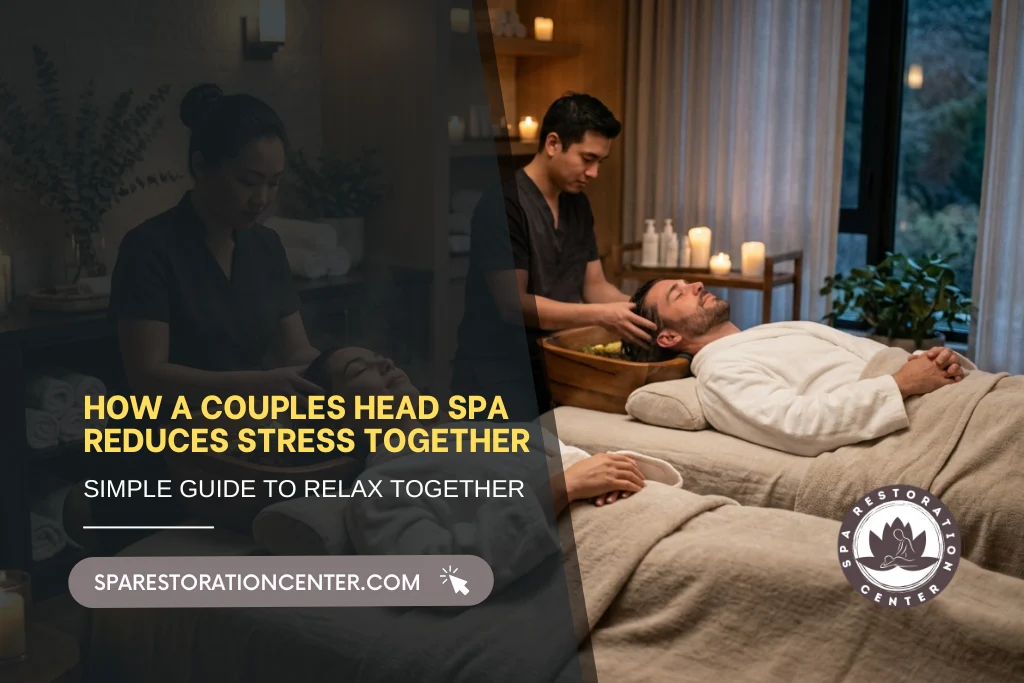 A man and woman receiving a relaxing couples head spa treatment in a dimly lit, professional wellness center with therapists performing scalp massages.