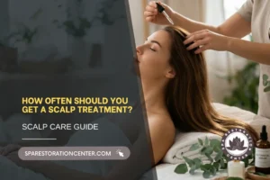 A woman receiving a professional scalp treatment with essential oils at Spa Restoration Center, featuring a "How often should you get a scalp treatment" guide overlay.