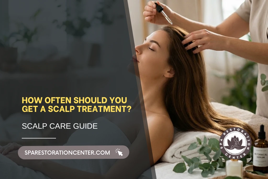 A woman receiving a professional scalp treatment with essential oils at Spa Restoration Center, featuring a "How often should you get a scalp treatment" guide overlay.