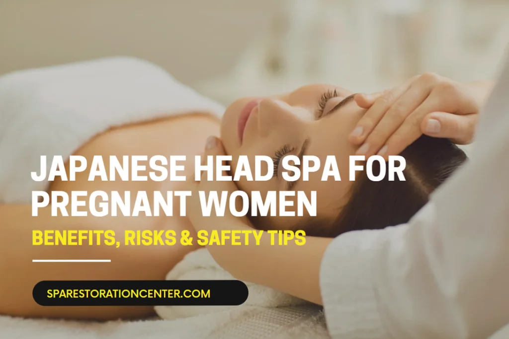 A woman receiving a relaxing Japanese head spa treatment in a dimly lit, serene spa setting.