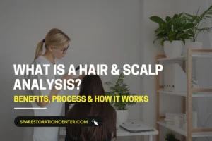 A professional specialist performing a hair & scalp analysis on a client in a bright, modern spa setting with minimalist decor and indoor plants.