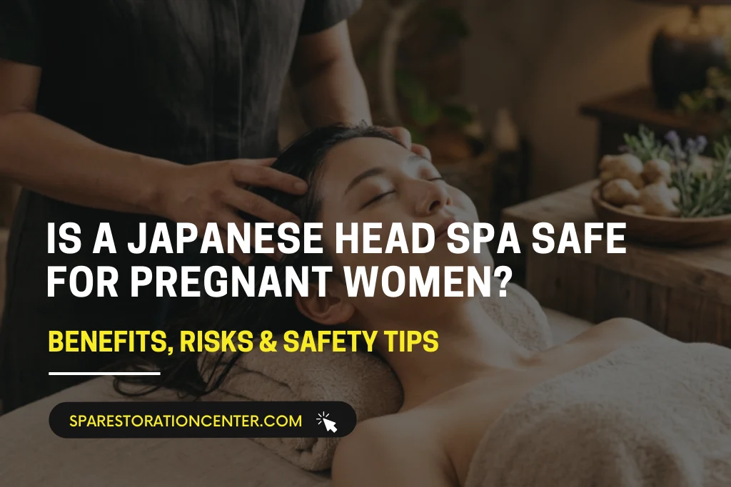 A woman receiving a relaxing Japanese head spa treatment in a dimly lit, serene spa setting.