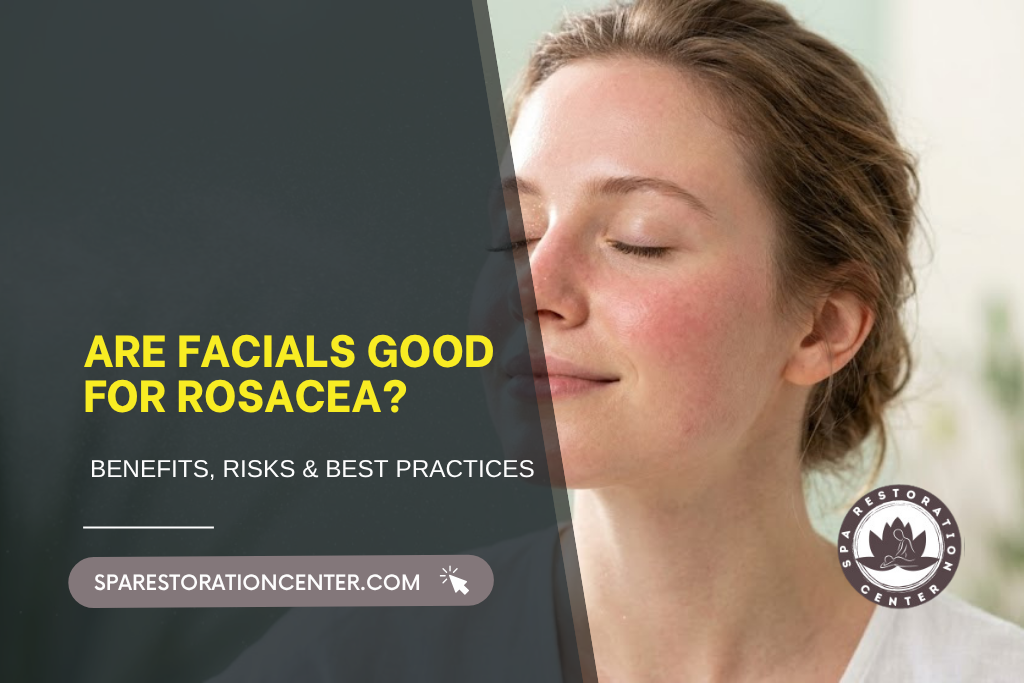 A woman with visible facial redness and rosacea symptoms closing her eyes during a professional spa consultation; text overlay asks "Are Facials Good for Rosacea?" with branding for Spa Restoration Center.