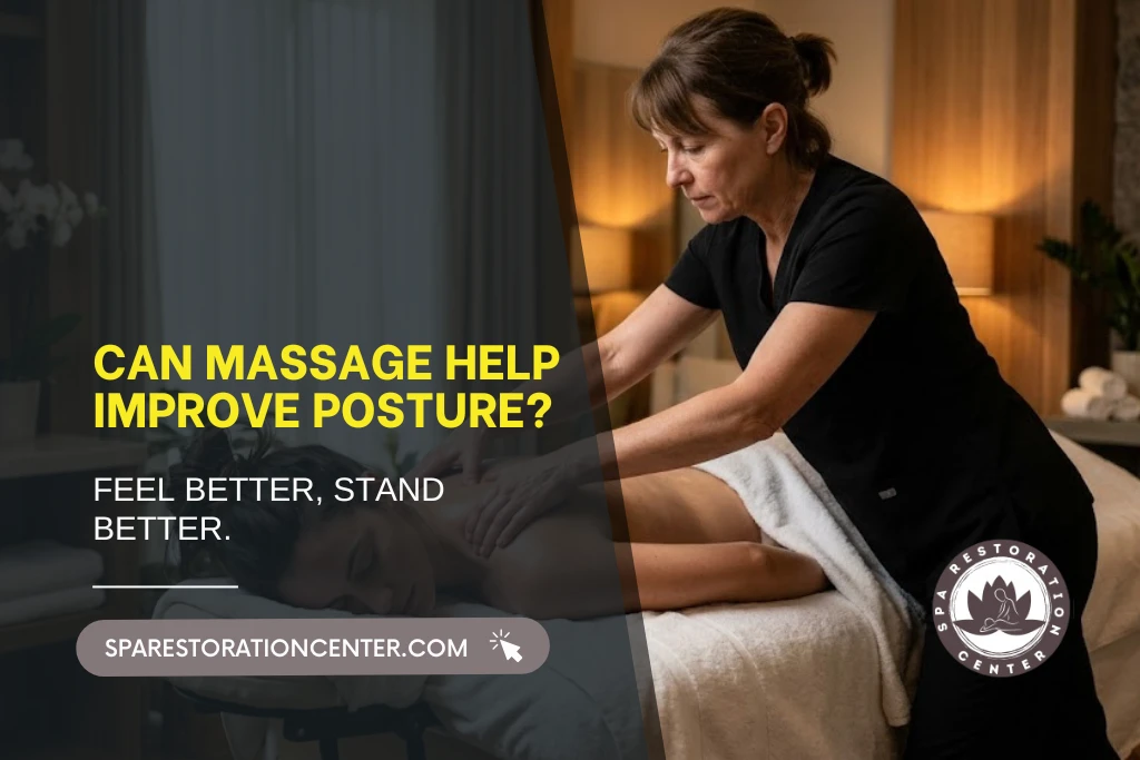 A professional female massage therapist performing a back massage on a client in a dimly lit, tranquil spa setting to help improve posture.