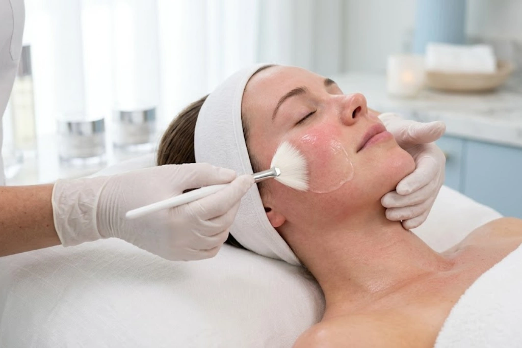 An esthetician using a fan brush to apply a calming gel mask to a client's face during a professional skin treatment.