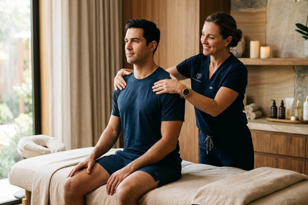 A professional female therapist in dark blue scrubs providing a shoulder adjustment and posture assessment for a male client sitting on a massage table.