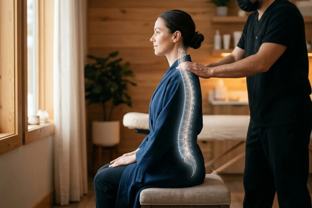 A woman sitting upright in a wellness center with a glowing anatomical overlay of the spine while a specialist adjusts her shoulders to demonstrate spinal alignment.