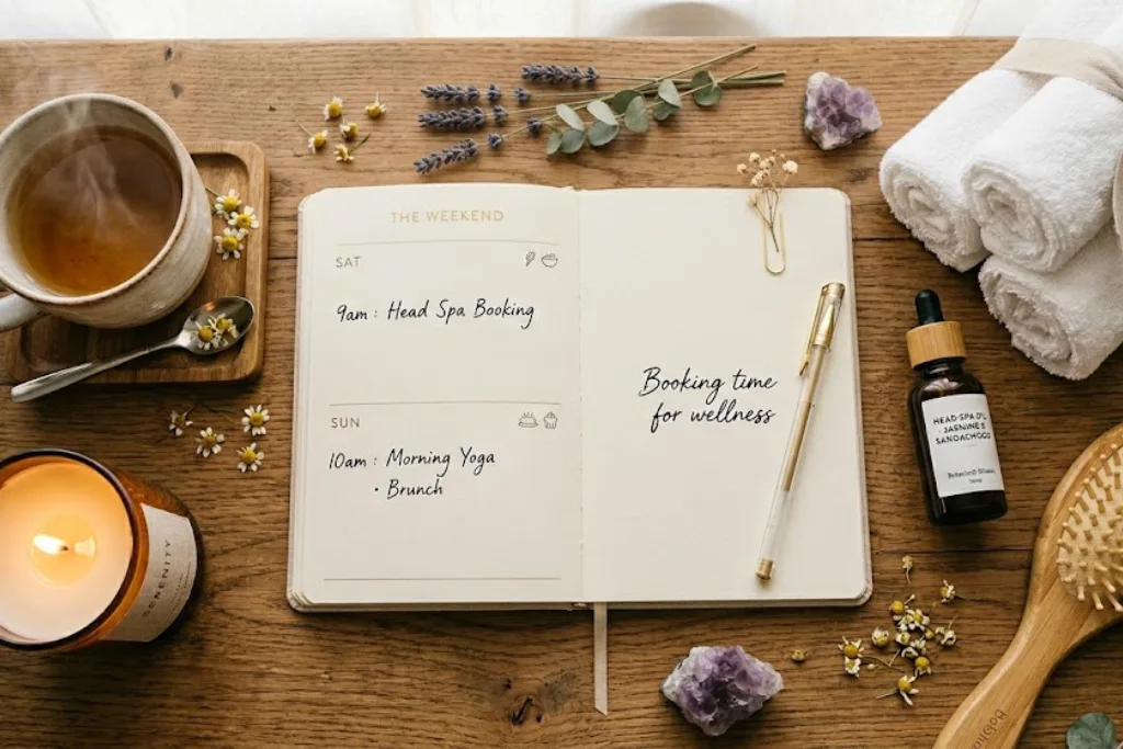 An open planner on a wooden desk showing a weekend schedule for a head spa booking and yoga