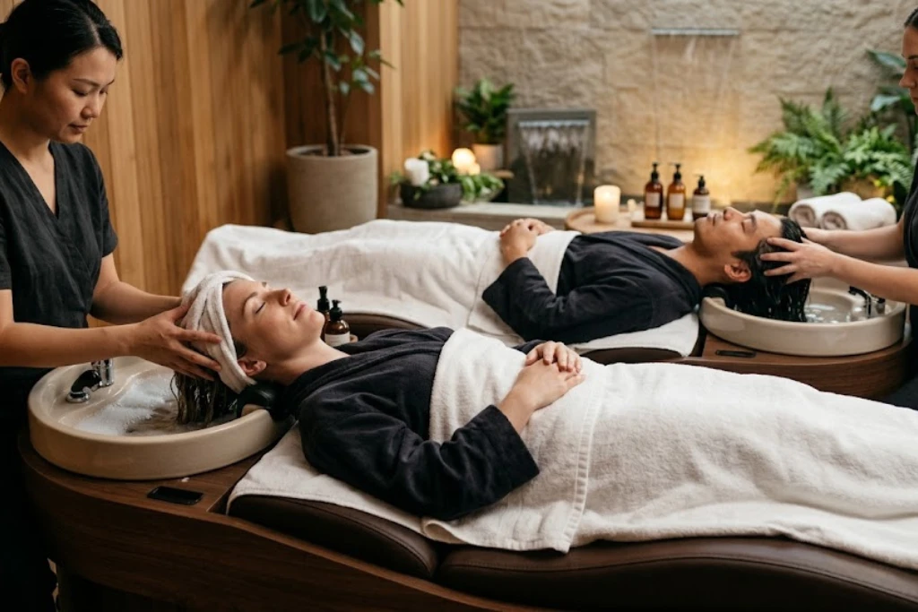 Two people receiving relaxing couples head spa treatments and hair washes in a luxury wellness center.