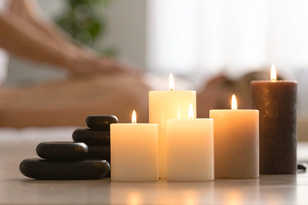 A close-up of burning candles and smooth spa stones arranged on a table in a serene, dimly lit wellness center.