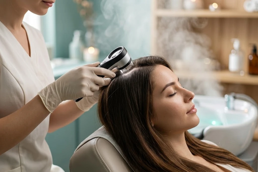 A professional aesthetician performing a scalp analysis on a woman with long hair to identify issues like an oily scalp and hair loss using a digital microscope and steam treatment.