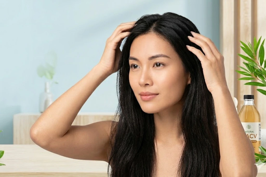 A woman applying natural treatments to her hair, featuring aloe vera and apple cider vinegar as solutions to manage an oily scalp and prevent hair loss.