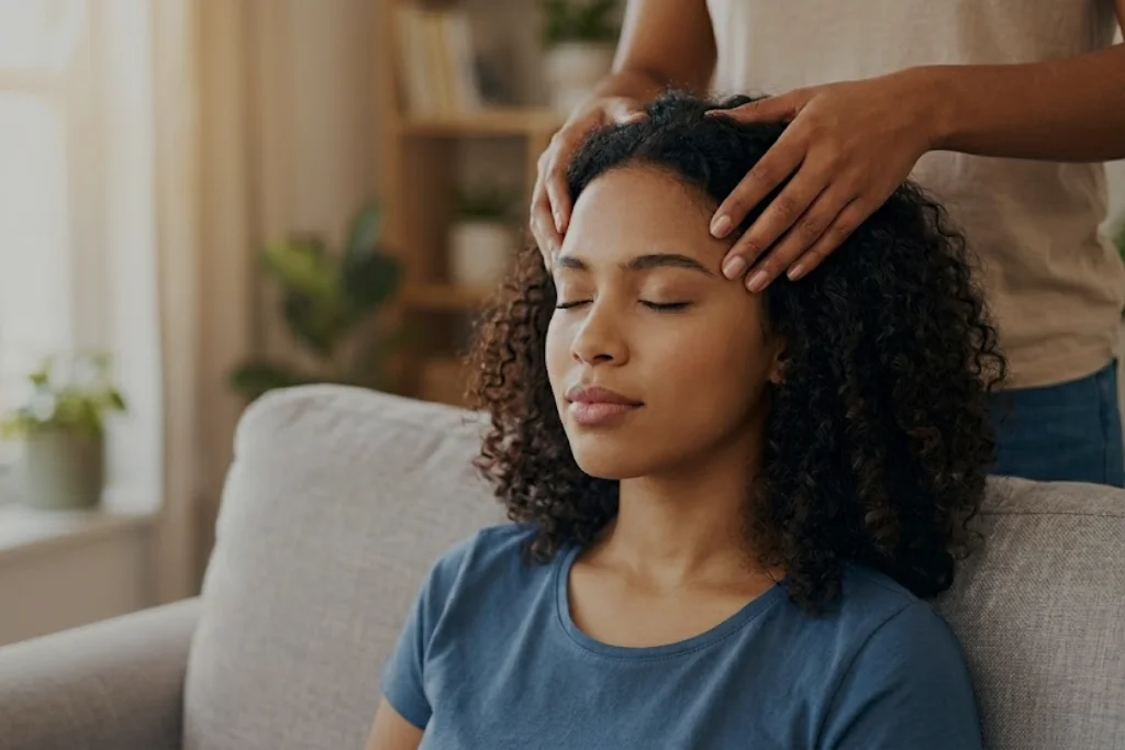A woman with curly hair sits on a couch with her eyes closed, looking peaceful as another person stands behind her and gently massages her temples with their fingertips.