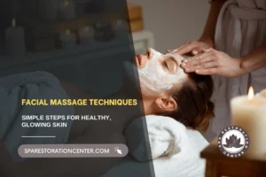 A woman receiving a spa treatment with professional facial massage techniques being applied over a white clay mask in a candlelit room.