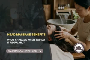 A woman receiving a relaxing treatment to highlight head massage benefits, performed by a professional therapist in a tranquil spa environment.
