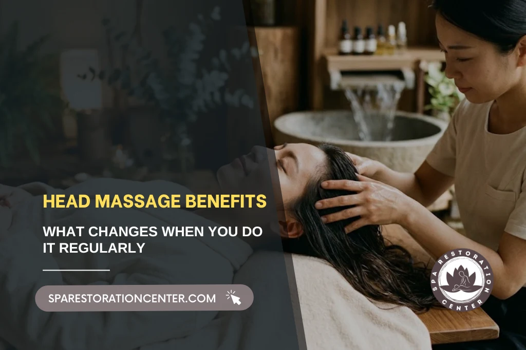 A woman receiving a relaxing treatment to highlight head massage benefits, performed by a professional therapist in a tranquil spa environment.