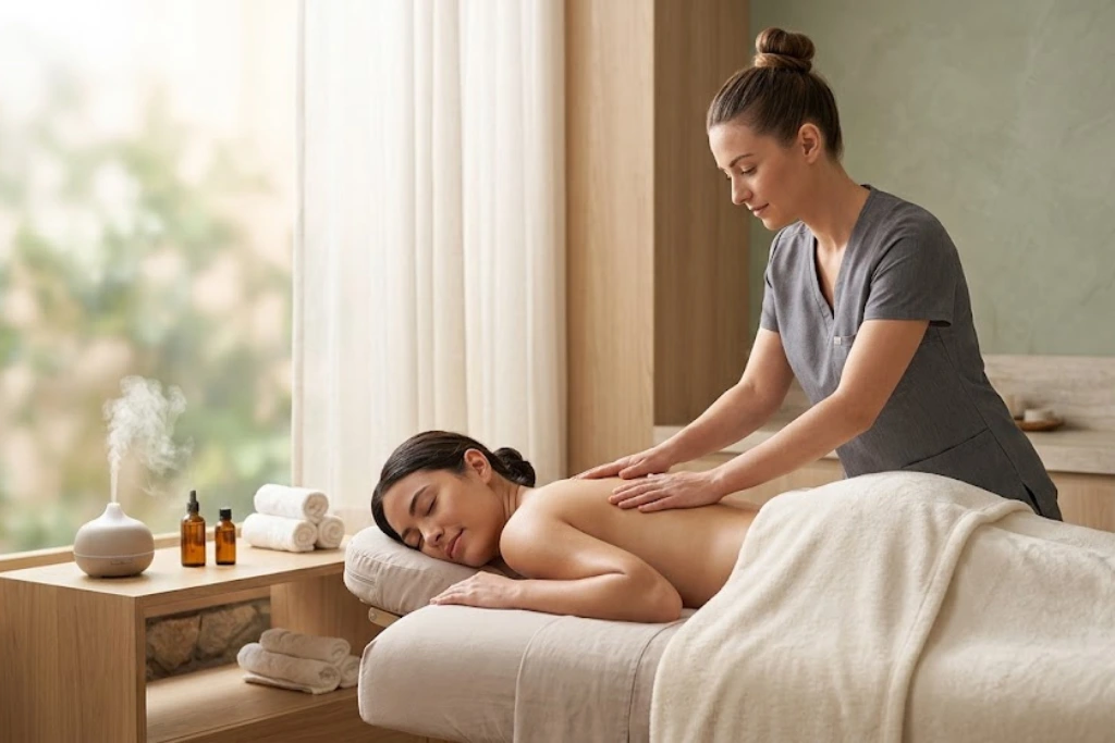 A professional massage therapist performing a relaxing back massage on a woman in a tranquil spa room with an essential oil diffuser and rolled towels.