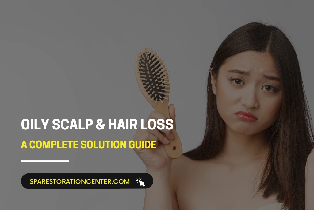 A concerned young woman holding a hairbrush, illustrating the connection between an oily scalp and hair loss as part of a complete solution guide.
