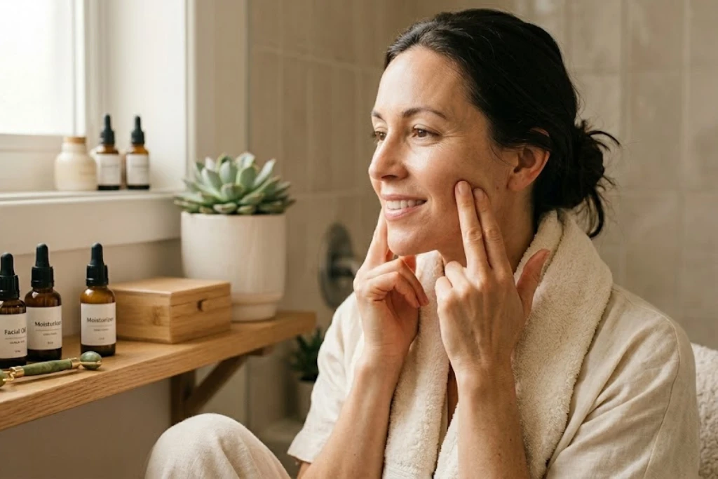 A woman in a bathroom setting gently massaging her cheeks with her fingertips, demonstrating proper technique next to a shelf with facial oils, a moisturizer, and a jade roller.