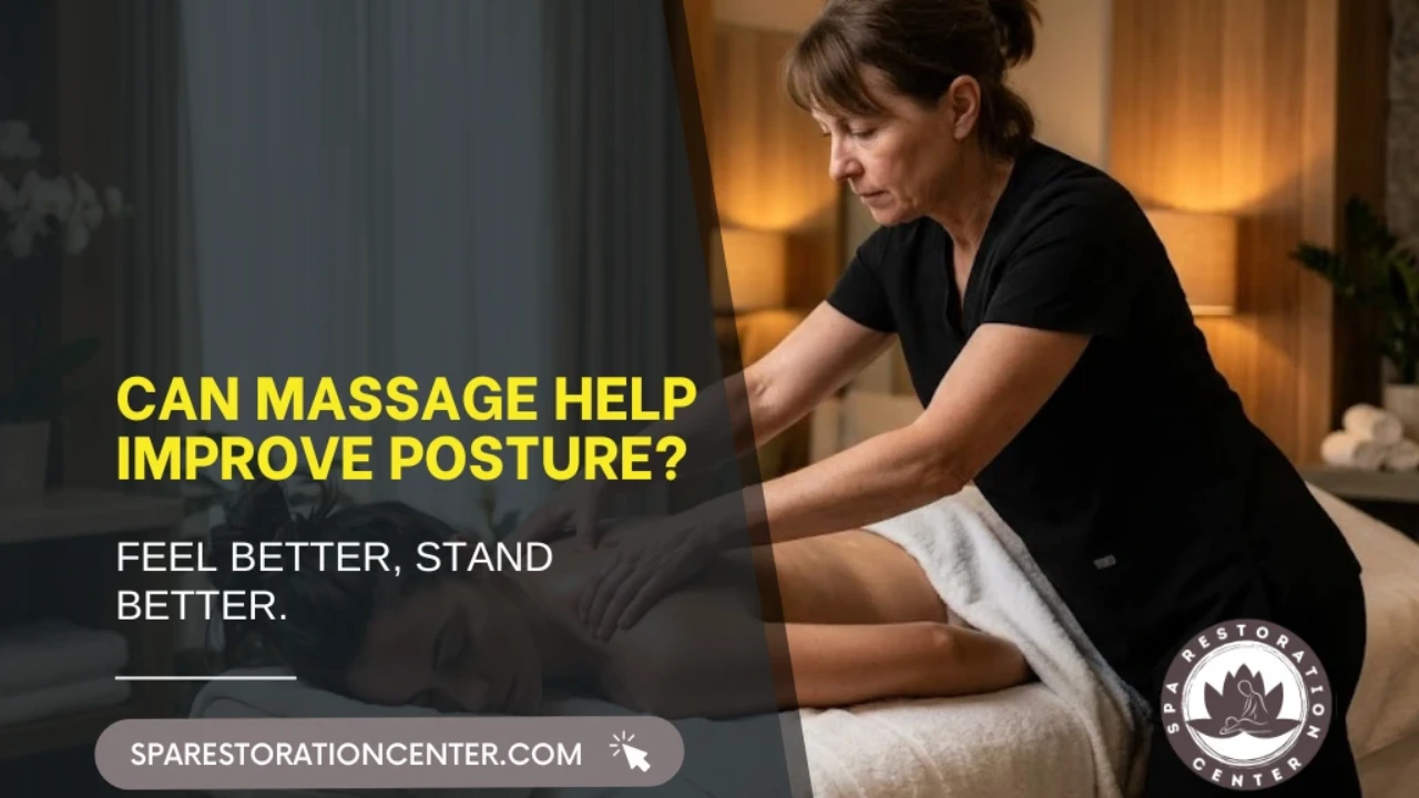 A professional female massage therapist performing a back massage on a client in a dimly lit, tranquil spa setting to help improve posture.