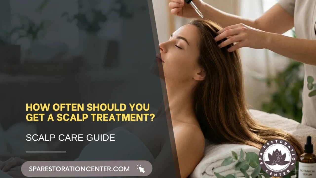 A woman receiving a professional scalp treatment with essential oils at Spa Restoration Center, featuring a "How often should you get a scalp treatment" guide overlay.