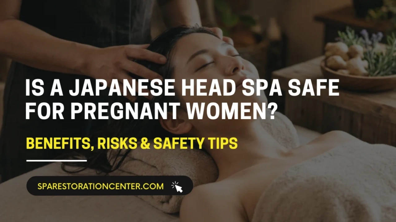 A woman receiving a relaxing Japanese head spa treatment in a dimly lit, serene spa setting.