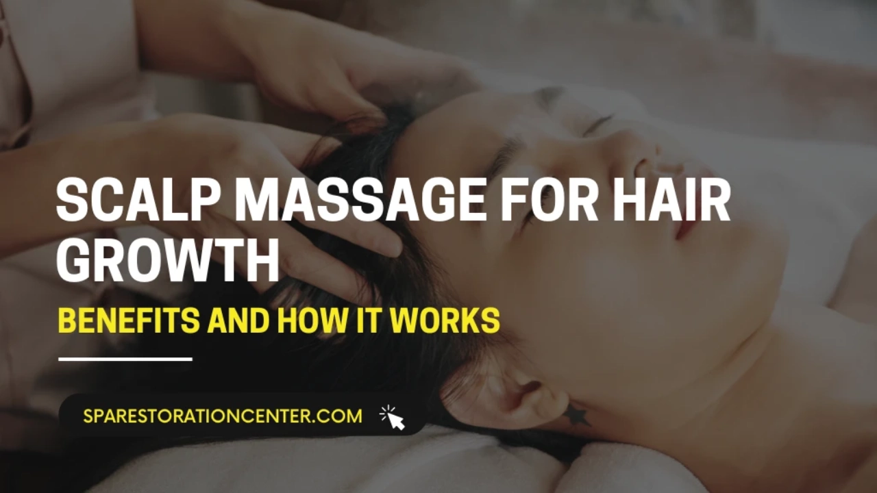 A person receiving a relaxing scalp massage with text overlay: "Scalp Massage for Hair Growth: Benefits and How it Works.