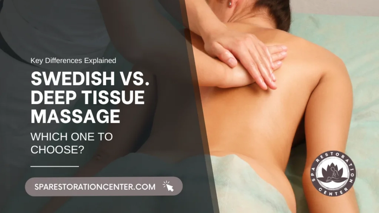 An advertisement for Swedish vs. Deep Tissue Massage from Spa Restoration Center. The text "Swedish vs. Deep Tissue Massage: Which One to Choose?" is overlaid on a close-up image of a woman receiving a massage on her back. The Spa Restoration Center logo and website address are visible.