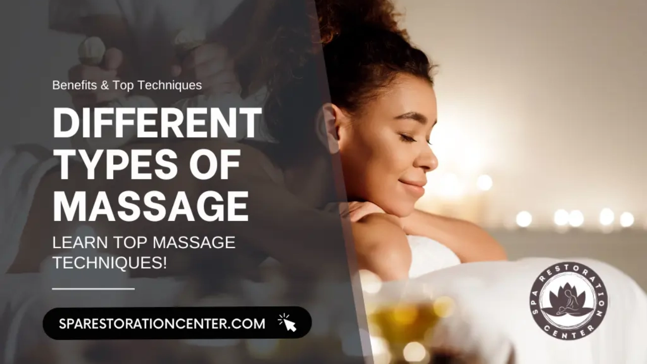 An advertisement for "Different Types of Massage" from Spa Restoration Center. The text "Different Types of Massage: Learn Top Massage Techniques!" is overlaid on an image of a woman with curly brown hair receiving a massage. The Spa Restoration Center logo and website address are visible. The woman is smiling and appears relaxed, with soft lighting and blurred candles in the background creating a spa-like atmosphere.
