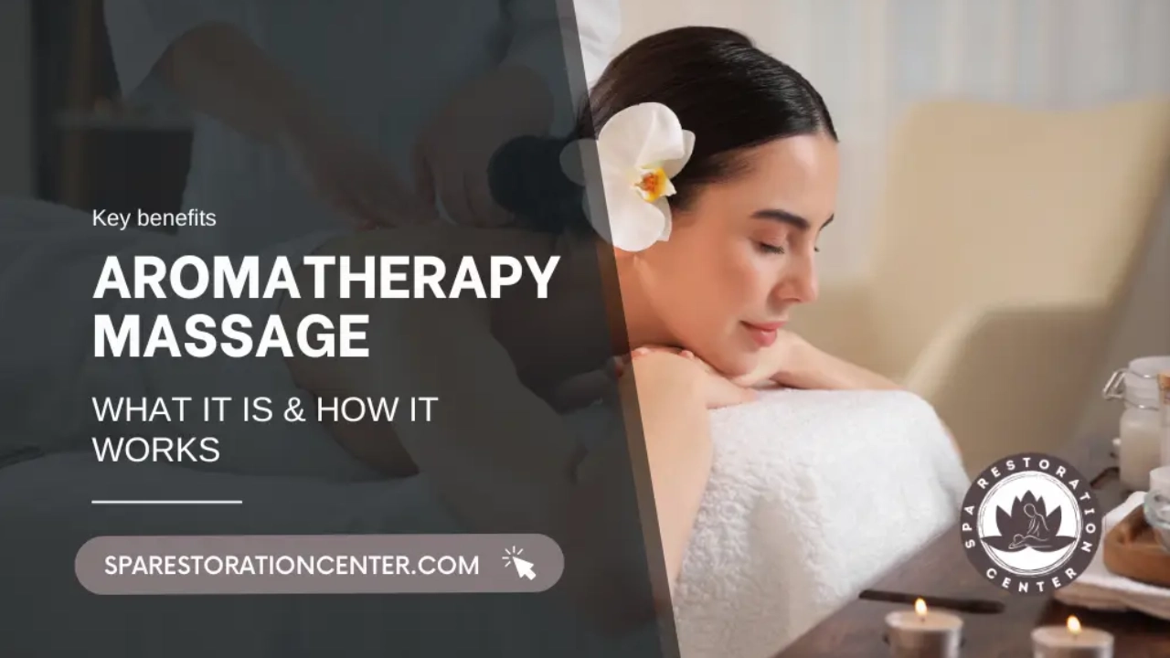 An advertisement for "Aromatherapy Massage: What it is & How it Works" from Spa Restoration Center. The text is overlaid on an image of a woman with dark hair and a white flower tucked behind her ear, receiving a massage. The Spa Restoration Center logo and website address are visible. Candles and a blurred massage therapist's hands are also visible, creating a relaxing spa atmosphere.
