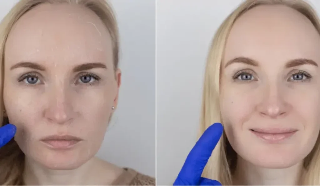 Woman’s face before and after anti-aging facial treatment with reduced fine lines.