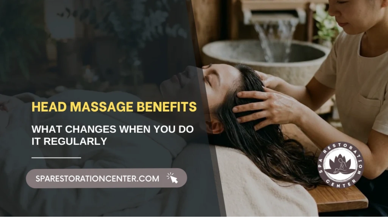A woman receiving a relaxing treatment to highlight head massage benefits, performed by a professional therapist in a tranquil spa environment.