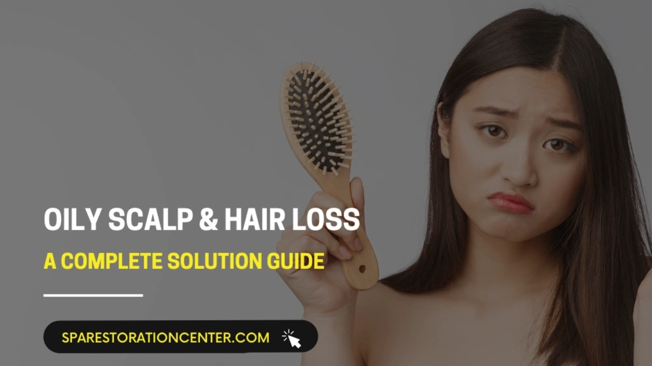 A concerned young woman holding a hairbrush, illustrating the connection between an oily scalp and hair loss as part of a complete solution guide.