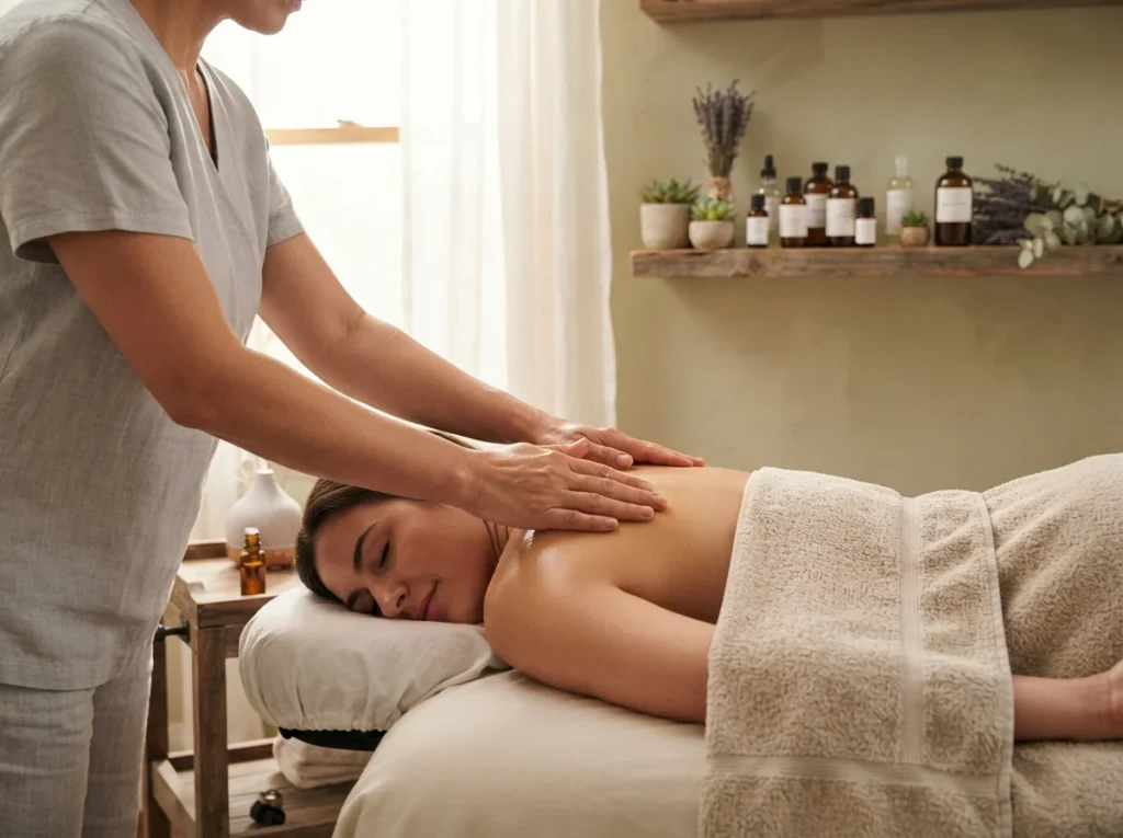 Essential Oil Therapy session at a spa. A professional's hands applying aromatic oil to a person's skin.