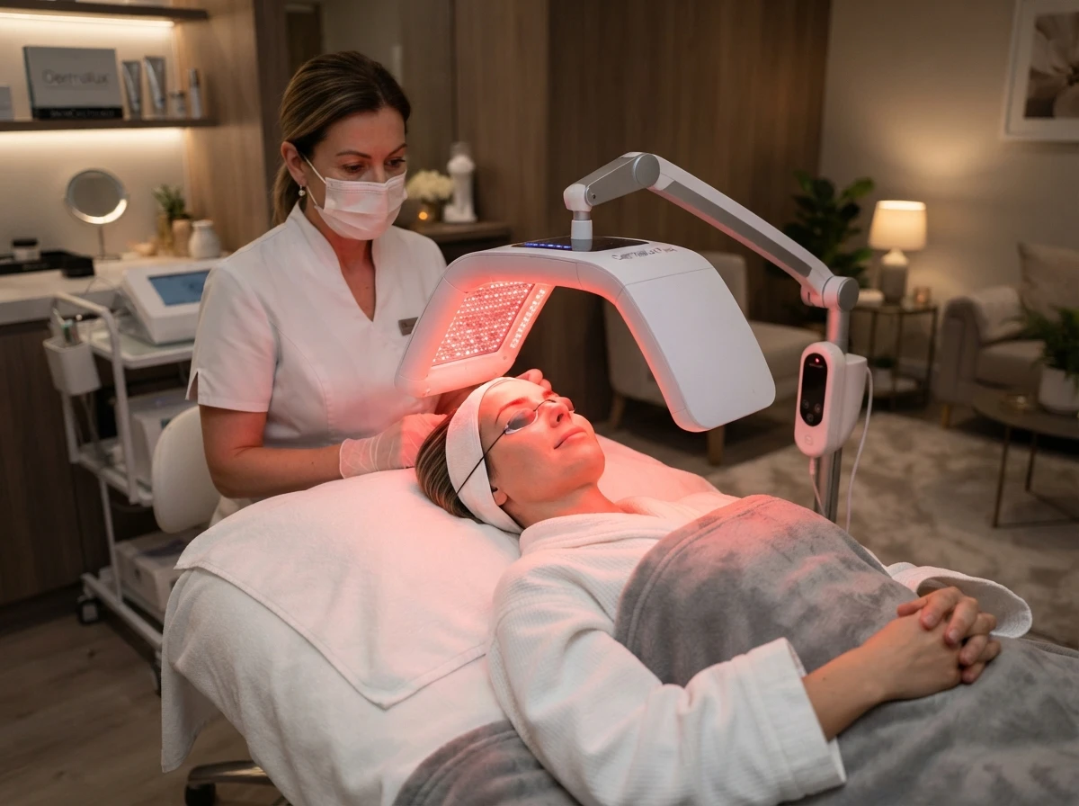 Light therapy facial treatment session. Professional LED skin care equipment being used on a client's face.