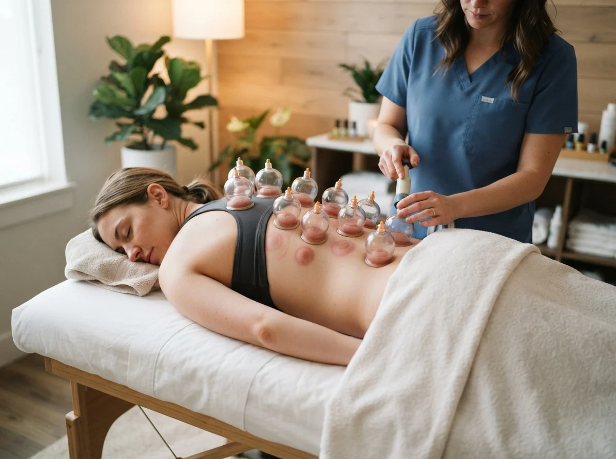 Professional Cupping Therapy treatment. Traditional glass cups placed on a person's back in a clean, modern wellness center.