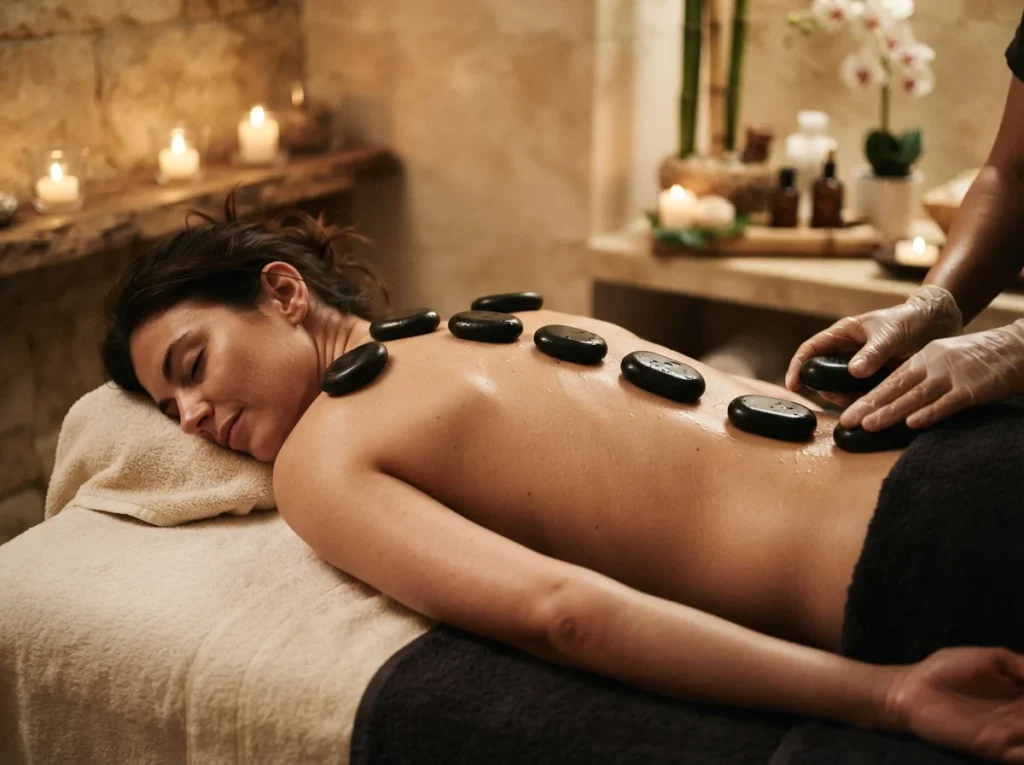 Professional close-up of Hot Stone Therapy in a luxury spa. Smooth black volcanic stones placed on a person's back.